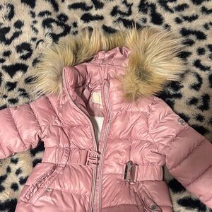 Girls' Pink Puffer Coat with Faux Fur Hood